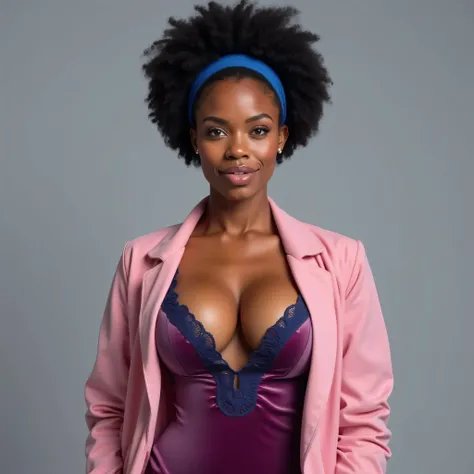 A realistic, high resolution photograph of a beautiful mulatto woman in her 30's; full body frontal view facing the camera with her arms at her side, looking at the camera. There is extra space in the photo between the top of her afro and the frame of the ...