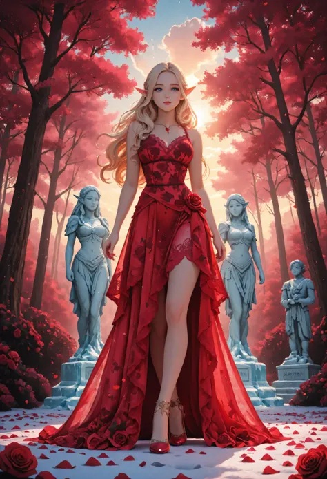 ice_art,ice,Movie Still,Film Still,Cinematic,Cinematic Shot,Cinematic Lighting,Aesthetic_PDXL, red petals falling from the sky on a beautiful a statue made from ice female elf,  full body, long hair strands, wearing lace dress, colorful dress, wearing high...