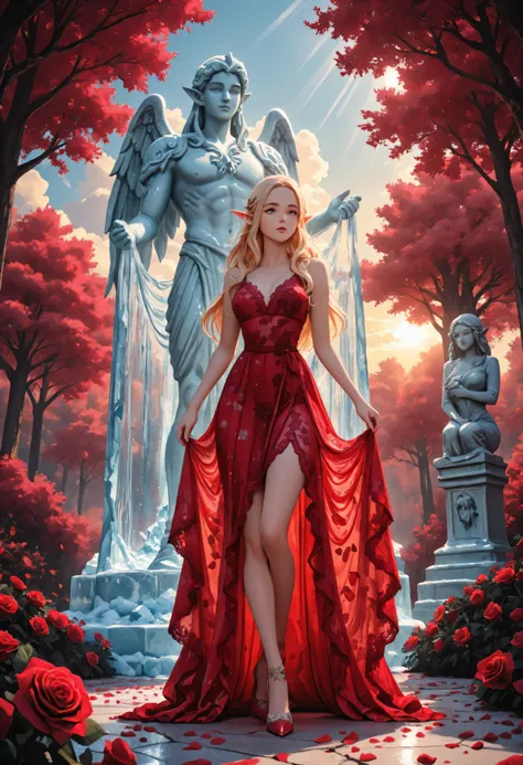ice_art,ice,Movie Still,Film Still,Cinematic,Cinematic Shot,Cinematic Lighting,Aesthetic_PDXL, red petals falling from the sky on a beautiful a statue made from ice female elf,  full body, long hair strands, wearing lace dress, colorful dress, wearing high...