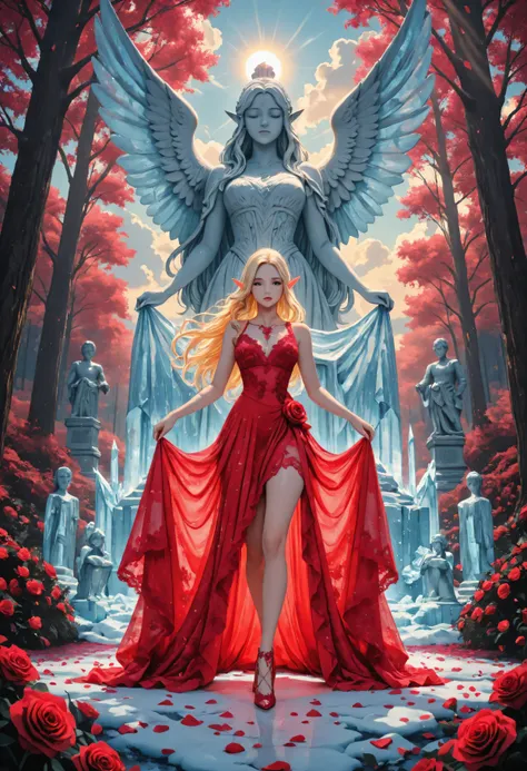 ice_art,ice,Movie Still,Film Still,Cinematic,Cinematic Shot,Cinematic Lighting,Aesthetic_PDXL, red petals falling from the sky on a beautiful a statue made from ice female elf,  full body, long hair strands, wearing lace dress, colorful dress, wearing high...