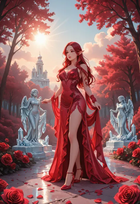 soft luminous hues,celestial radiance,ice_art,ice,Movie Still,Film Still,Cinematic,Cinematic Shot,Cinematic Lighting,Aesthetic_PDXL, red petals falling from the sky on a beautiful a statue made from ice female elf, full body, long hair strands, wearing l...