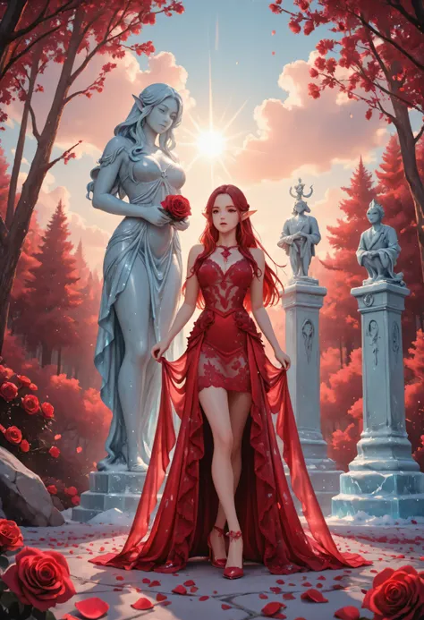 soft luminous hues,celestial radiance,ice_art,ice,Movie Still,Film Still,Cinematic,Cinematic Shot,Cinematic Lighting,Aesthetic_PDXL, red petals falling from the sky on a beautiful a statue made from ice female elf, full body, long hair strands, wearing l...