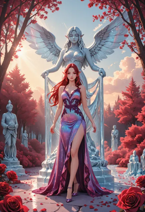 soft luminous hues,celestial radiance,ice_art,ice,Movie Still,Film Still,Cinematic,Cinematic Shot,Cinematic Lighting,Aesthetic_PDXL, red petals falling from the sky on a beautiful a statue made from ice female elf, full body, long hair strands, wearing p...
