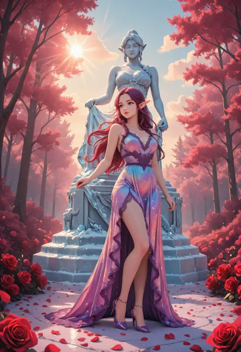 soft luminous hues,celestial radiance,ice_art,ice,Movie Still,Film Still,Cinematic,Cinematic Shot,Cinematic Lighting,Aesthetic_PDXL, red petals falling from the sky on a beautiful a statue made from ice female elf, full body, long hair strands, wearing p...