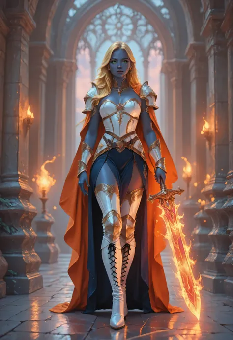 portrait of a female cleric ((dark blue skin)), intense details facial details, exquisite beauty, cleric, (dark blue skin)) female, ((yellow hair)), long hair, (((no ears))), (green eyes), armed with a fiery sword red fire, wearing (twilight priestly comba...