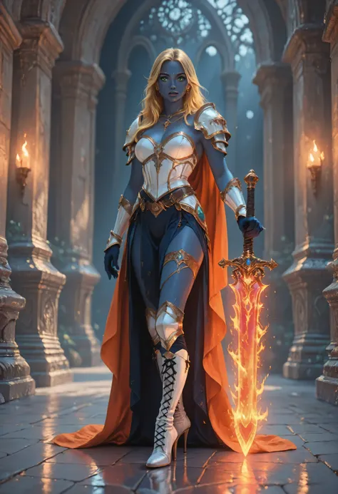 portrait of a female cleric ((dark blue skin)), intense details facial details, exquisite beauty, cleric, (dark blue skin)) female, ((yellow hair)), long hair, (((no ears))), (green eyes), armed with a fiery sword red fire, wearing (twilight priestly comba...