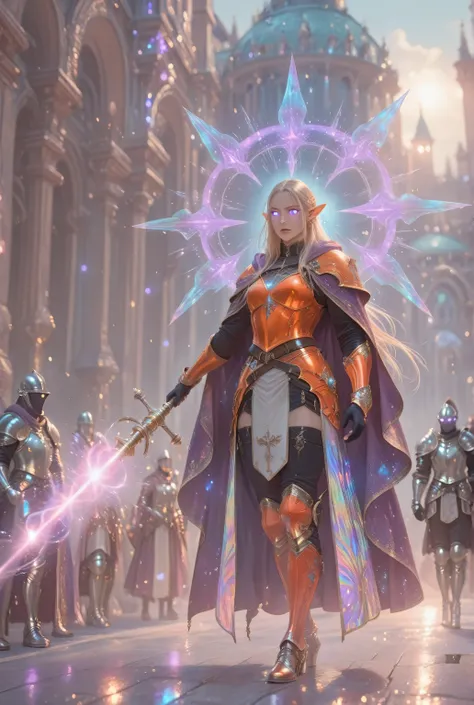 Fantasy Elements, soft luminous hues,celestial radiance,,ethereal glow,iridescent aesthetic,masterpiece, best quality, very aesthetic, absurdres,, full body shot of a female elf (intense details, Masterpiece, best quality) fantasy cleric, fantasy celestial...