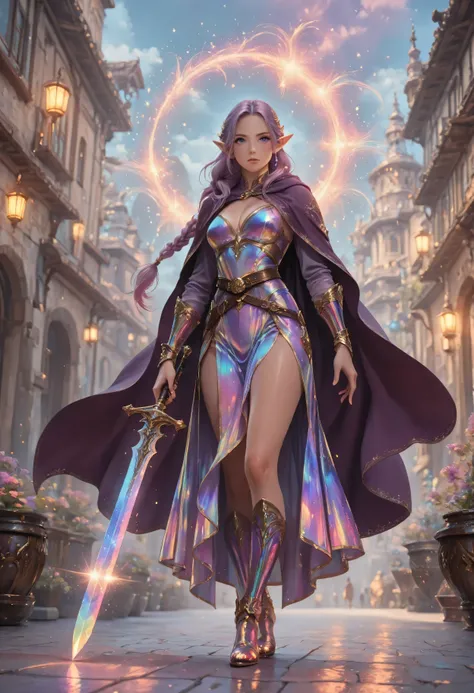 aidmaMJ6.1,Fantasy Elements,celestial radiance,dreamy fantasy,ethereal glow,iridescent aesthetic,a picture of a female elf (intense details, Masterpiece, best quality) fantasy swashbuckler, fantasy fencer, armed with a slim sword, shinning sword, metallic ...