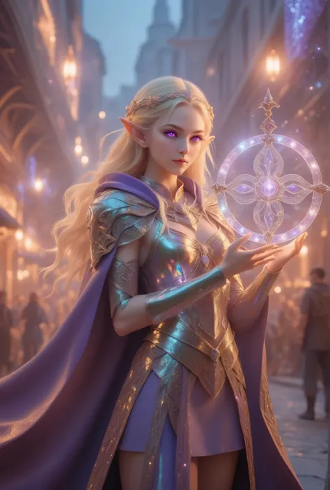 Fantasy Elements, soft luminous hues,celestial radiance,,ethereal glow,iridescent aesthetic,masterpiece, best quality, very aesthetic, absurdres,, full body shot of a female elf (intense details, Masterpiece, best quality) fantasy cleric, fantasy celestial...