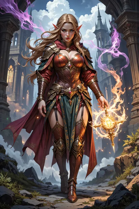 , full body shot of a female elf (intense details, Masterpiece, best quality) fantasy cleric, fantasy celestial guardian, armed with a holy symbol, shinning holy symbol, metallic shine, epic beautiful female elf, blond hair with red highlights , rich hair,...