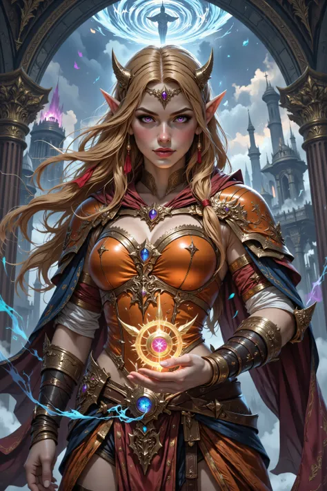, full body shot of a female elf (intense details, Masterpiece, best quality) fantasy cleric, fantasy celestial guardian, armed with a holy symbol, shinning holy symbol, metallic shine, epic beautiful female elf, blond hair with red highlights , rich hair,...