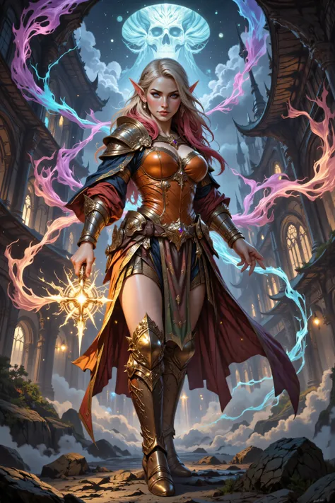 , full body shot of a female elf (intense details, Masterpiece, best quality) fantasy cleric, fantasy celestial guardian, armed with a holy symbol, shinning holy symbol, metallic shine, epic beautiful female elf, blond hair with red highlights , rich hair,...