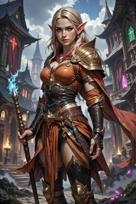In the style of chargen_concept_art image of,OMNH,, full body shot of a female elf (intense details, Masterpiece, best quality) fantasy cleric, fantasy celestial guardian, armed with a holy symbol, shinning holy symbol, metallic shine, epic beautiful femal...