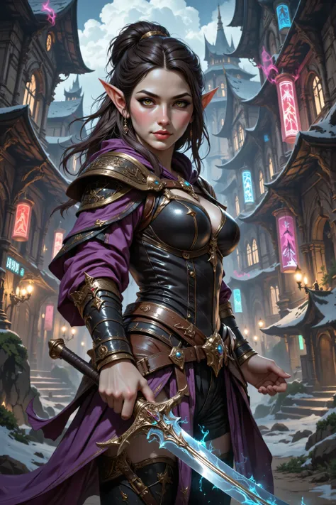 In the style of chargen_concept_art image of,OMNH,,a picture of a female elf (intense details, Masterpiece, best quality) fantasy swashbuckler, fantasy fencer, armed with a slim sword, shinning sword, metallic shine, colorful clothes, dynamic clothing, an ...