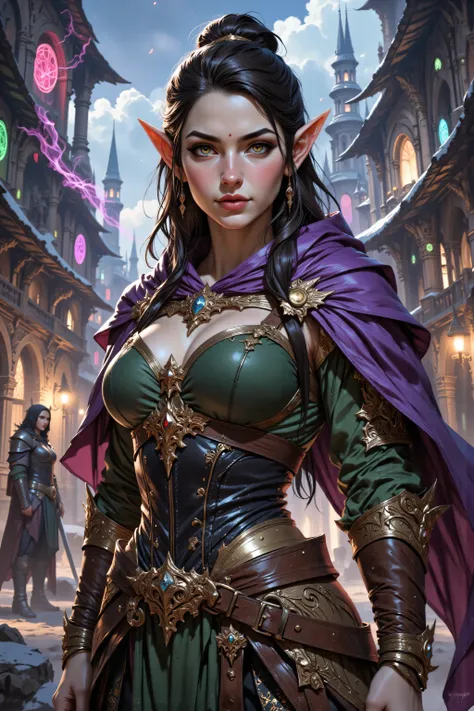 In the style of chargen_concept_art image of,OMNH,,a picture of a female elf (intense details, Masterpiece, best quality) fantasy swashbuckler, fantasy fencer, armed with a slim sword, shinning sword, metallic shine, colorful clothes, dynamic clothing, an ...