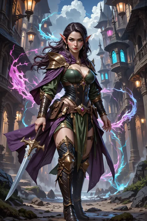 In the style of chargen_concept_art image of,OMNH,,a picture of a female elf (intense details, Masterpiece, best quality) fantasy swashbuckler, fantasy fencer, armed with a slim sword, shinning sword, metallic shine, colorful clothes, dynamic clothing, an ...