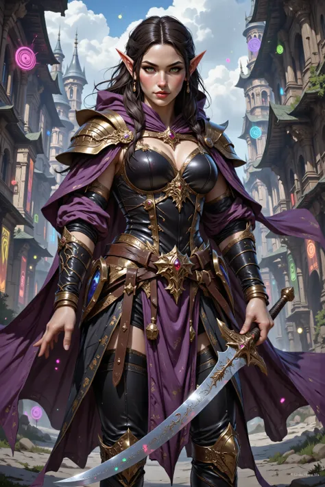 In the style of chargen_concept_art image of,OMNH,,a picture of a female elf (intense details, Masterpiece, best quality) fantasy swashbuckler, fantasy fencer, armed with a slim sword, shinning sword, metallic shine, colorful clothes, dynamic clothing, an ...