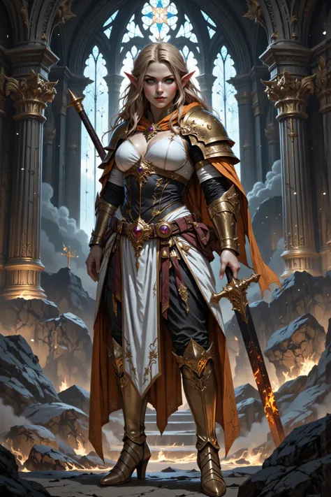 In the style of chargen_concept_art image of,OMNH,portrait of a female cleric ((dark blue skin)), intense details facial details, exquisite beauty, cleric, (dark blue skin)) female, ((yellow hair)), long hair, (((no ears))), (green eyes), armed with a fier...