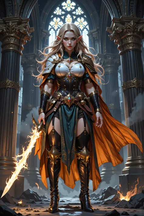 In the style of chargen_concept_art image of,OMNH,portrait of a female cleric ((dark blue skin)), intense details facial details, exquisite beauty, cleric, (dark blue skin)) female, ((yellow hair)), long hair, (((no ears))), (green eyes), armed with a fier...