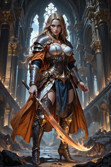 In the style of chargen_concept_art image of,OMNH,portrait of a female cleric ((dark blue skin)), intense details facial details, exquisite beauty, cleric, (dark blue skin)) female, ((yellow hair)), long hair, (((no ears))), (green eyes), armed with a fier...