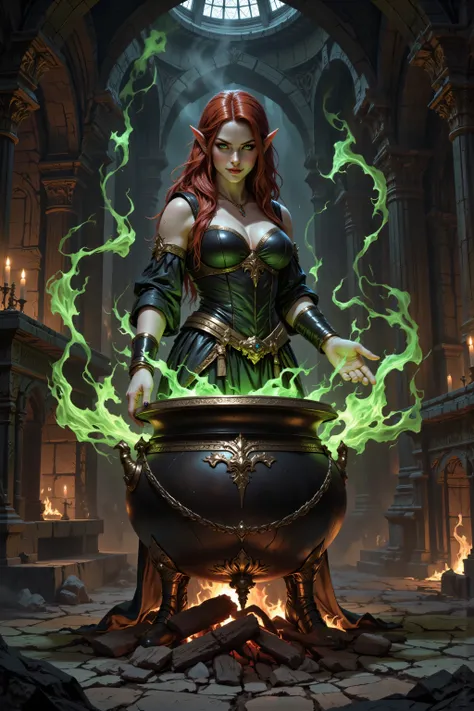 In the style of chargen_concept_art image of,OMNH,, (extremely detailed), full body (best details, Masterpiece, best quality), , ultra wide shot, photorealistic, fantasy art, RPG art, D&D art, a picture of a woman, witch brweing dark matter over big cauldr...