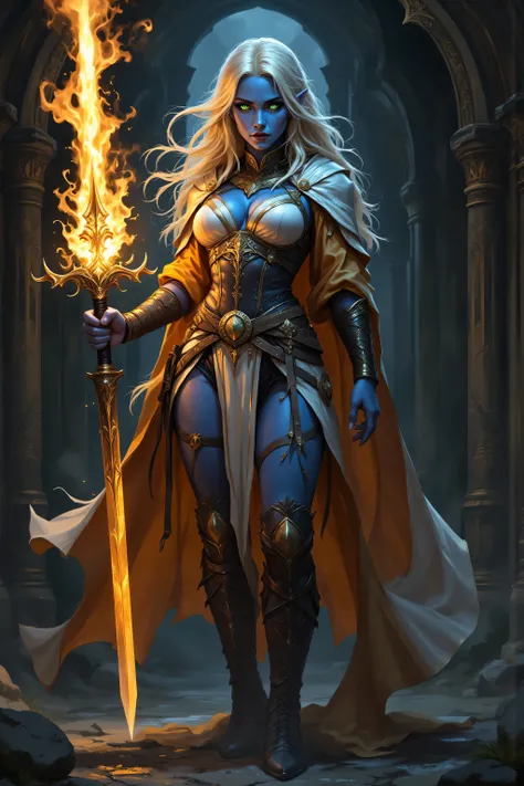 In the style of chargen_concept_art image of,OMNH,portrait of a female cleric ((dark blue skin)), intense details facial details, exquisite beauty, cleric, (dark blue skin)) female, ((yellow hair)), long hair, (((no ears))), (green eyes), armed with a fier...