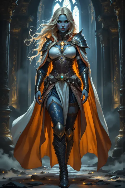 In the style of chargen_concept_art image of,OMNH,portrait of a female cleric ((dark blue skin)), intense details facial details, exquisite beauty, cleric, (dark blue skin)) female, ((yellow hair)), long hair, (((no ears))), (green eyes), armed with a fier...