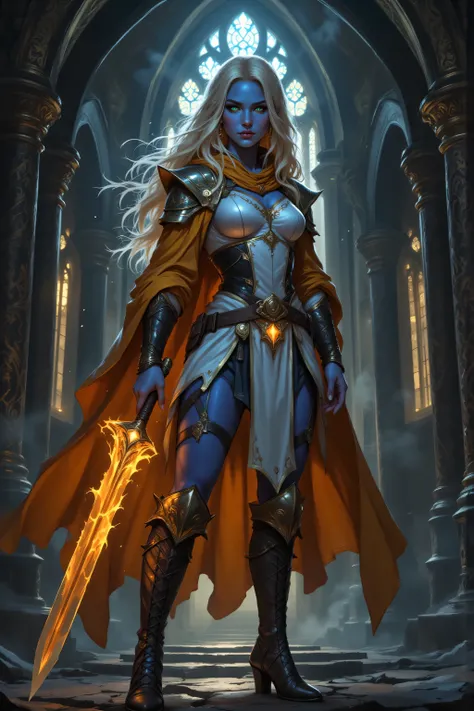 In the style of chargen_concept_art image of,OMNH,portrait of a female cleric ((dark blue skin)), intense details facial details, exquisite beauty, cleric, (dark blue skin)) female, ((yellow hair)), long hair, (((no ears))), (green eyes), armed with a fier...