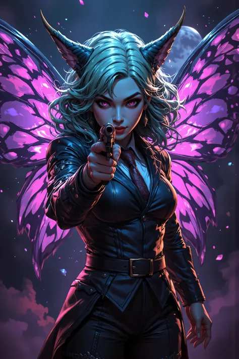 In the style of chargen_concept_art image of,OMNH,,a picture of a cyberpunk fairy, aiming a gun, threatening face, vicious smile, an extraordinary beautiful, elegant beauty, spread butterfly wings, blue and purple wings, pink eyes, glowing eyes, best deta...