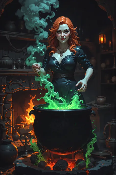 In the style of chargen_concept_art image of,OMNH,, (extremely detailed), full body (best details, Masterpiece, best quality), , ultra wide shot, photorealistic, fantasy art, RPG art, D&D art, a picture of a woman, witch brweing dark matter over big cauldr...