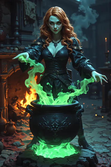 In the style of chargen_concept_art image of,OMNH,, (extremely detailed), full body (best details, Masterpiece, best quality), , ultra wide shot, photorealistic, fantasy art, RPG art, D&D art, a picture of a woman, witch brweing dark matter over big cauldr...