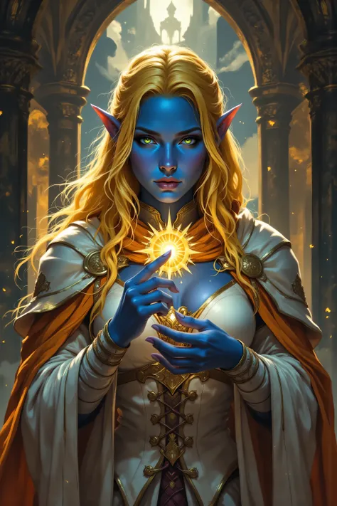 In the style of chargen_concept_art image of,OMNH,portrait of a female cleric ((dark blue skin)), intense details facial details, exquisite beauty, cleric, (dark blue skin)) female, ((yellow hair)), long hair, (((no ears))), (green eyes), holding a glowing...
