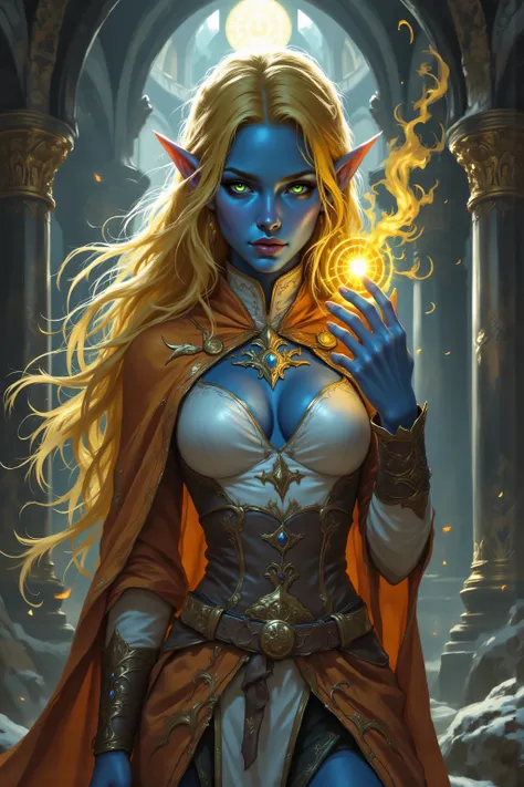 In the style of chargen_concept_art image of,OMNH,portrait of a female cleric ((dark blue skin)), intense details facial details, exquisite beauty, cleric, (dark blue skin)) female, ((yellow hair)), long hair, (((no ears))), (green eyes), holding a glowing...