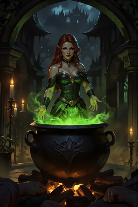 In the style of chargen_concept_art image of,OMNH,, (extremely detailed), full body (best details, Masterpiece, best quality), , ultra wide shot, photorealistic, fantasy art, RPG art, D&D art, a picture of a woman, witch brweing dark matter over big cauldr...