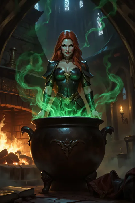 In the style of chargen_concept_art image of,OMNH,, (extremely detailed), full body (best details, Masterpiece, best quality), , ultra wide shot, photorealistic, fantasy art, RPG art, D&D art, a picture of a woman, witch brweing dark matter over big cauldr...