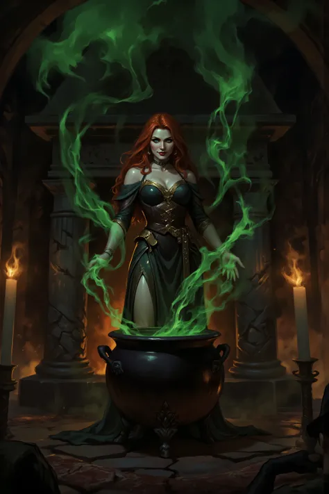 In the style of chargen_concept_art image of,OMNH,, (extremely detailed), full body (best details, Masterpiece, best quality), , ultra wide shot, photorealistic, fantasy art, RPG art, D&D art, a picture of a woman, witch brweing dark matter over big cauldr...