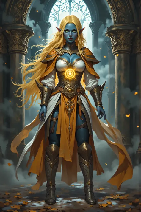 In the style of chargen_concept_art image of,OMNH,portrait of a female cleric ((dark blue skin)), intense details facial details, exquisite beauty, cleric, (dark blue skin)) female, ((yellow hair)), long hair, (((no ears))), (green eyes), holding a glowing...