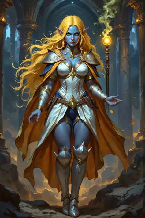 In the style of chargen_concept_art image of,OMNH,portrait of a female cleric ((dark blue skin)), intense details facial details, exquisite beauty, cleric, (dark blue skin)) female, ((yellow hair)), long hair, (((no ears))), (green eyes), holding a glowing...