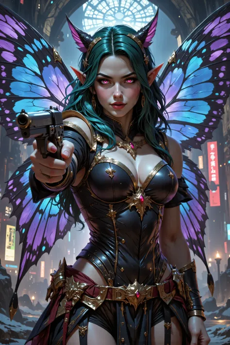 In the style of chargen_concept_art image of,OMNH,,a picture of a cyberpunk fairy, aiming a gun, threatening face, vicious smile, an extraordinary beautiful, elegant beauty, spread butterfly wings, blue and purple wings, pink eyes, glowing eyes, best deta...