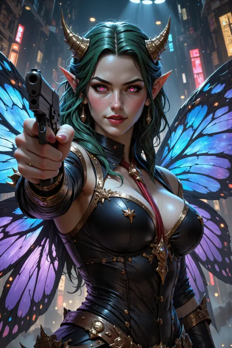 In the style of chargen_concept_art image of,OMNH,,a picture of a cyberpunk fairy, aiming a gun, threatening face, vicious smile, an extraordinary beautiful, elegant beauty, spread butterfly wings, blue and purple wings, pink eyes, glowing eyes, best deta...
