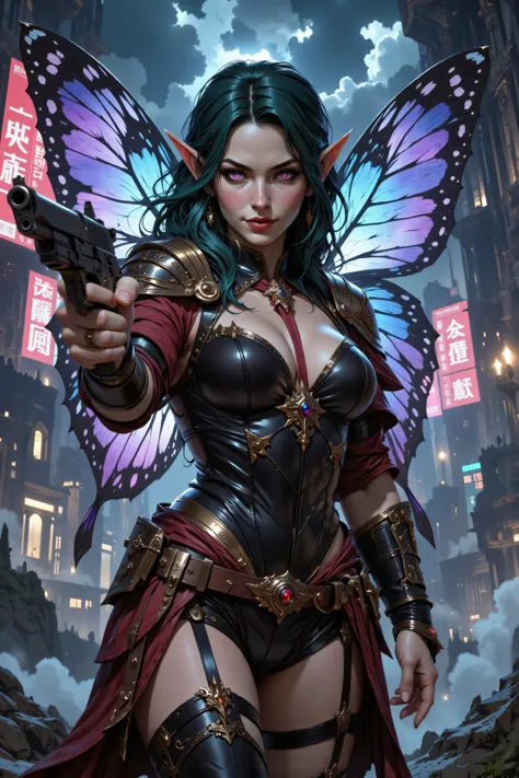 In the style of chargen_concept_art image of,OMNH,,a picture of a cyberpunk fairy, aiming a gun, threatening face, vicious smile, an extraordinary beautiful, elegant beauty, spread butterfly wings, blue and purple wings, pink eyes, glowing eyes, best deta...