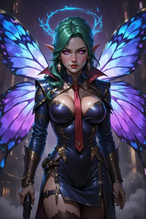 In the style of chargen_concept_art image of,OMNH,,a picture of a cyberpunk fairy, aiming a gun, threatening face, vicious smile, an extraordinary beautiful, elegant beauty, spread butterfly wings, blue and purple wings, pink eyes, glowing eyes, best deta...