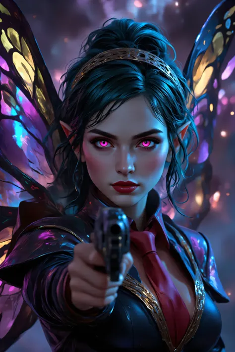 In the style of chargen_concept_art image of,OMNH,,a picture of a cyberpunk fairy, aiming a gun, threatening face, vicious smile, an extraordinary beautiful, elegant beauty, spread butterfly wings, blue and purple wings, pink eyes, glowing eyes, best deta...