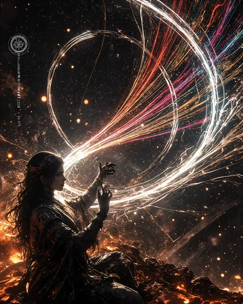 At the heart of an abstract cosmos, a goddess of destiny with dark hair and bright eyes manipulates an infinite loom, from which vibrant threads emerge that represent the destinies of men. The scene merges Greek mythological elements with modern surrealism...