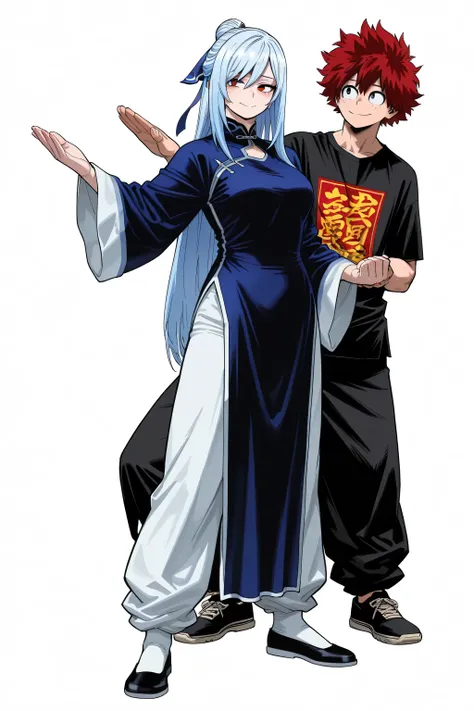 (masterpiece, detailed:1.2),Kohei Horikoshi, My Hero Academia ,boku_no_hero_academia_style,chinese clothes,KungFuUniform,score_9, score_8_up, score_7_up, gsfghtr, 1girl, white background, mature female, anime style, long hair, straight hair, smile, full ...