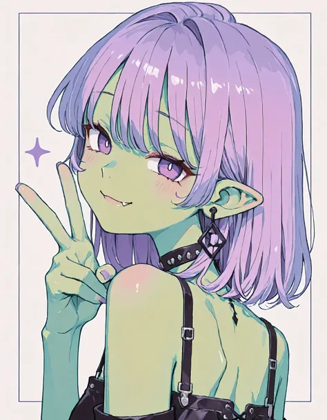 HOOLY FIGHTER LONG HAIR。Long Bangs。glass。GET IN PUNK FASHION。Gobgirl , green skin, short hair(asymmetry、wolf cut),multicolor hair。earrings, pointy ears, earrings from behind, bad smile , purple hair, cool girl。Tavern。About beautiful details 。peace s...