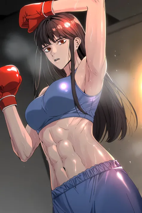 1girl, solo, young mature, ihwa, long hair, red eyes, black hair, ringed eyes, sidelocks, (ringed eyes:0.8), medium breast, toned female, abs, shiny body, sports bra, boxing gloves, sweating, showing armpits,sexy pose, looking at viewer, open mouth