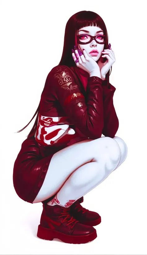 anime illustration shows a female character with long white hair and pink eyes, wearing a black and purple outfit with a high collar and long sleeves in a futuristic design. She holds two large purple swords with intricate designs, long, curved blades, and...