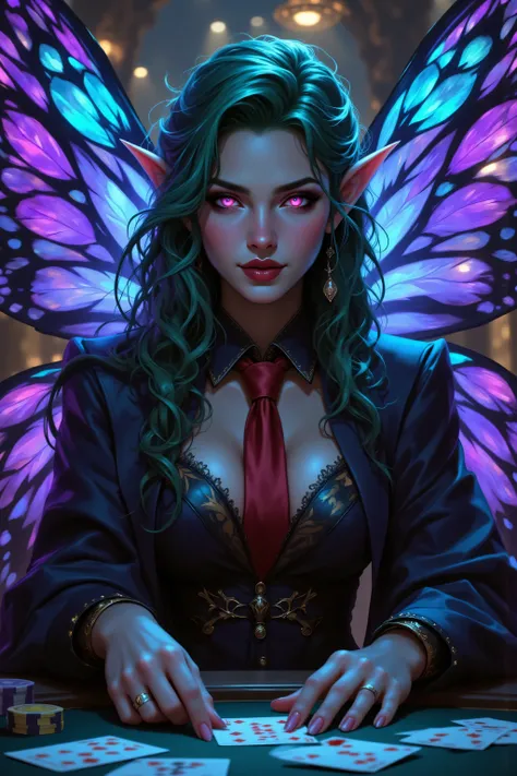 In the style of chargen_concept_art image of,OMNH,,a picture of a cyberpunk fairy, dealing Poker cards in a casino, vicious smile, an extraordinary beautiful, elegant beauty, spread butterfly wings, blue and purple wings, pink eyes, glowing eyes, best de...