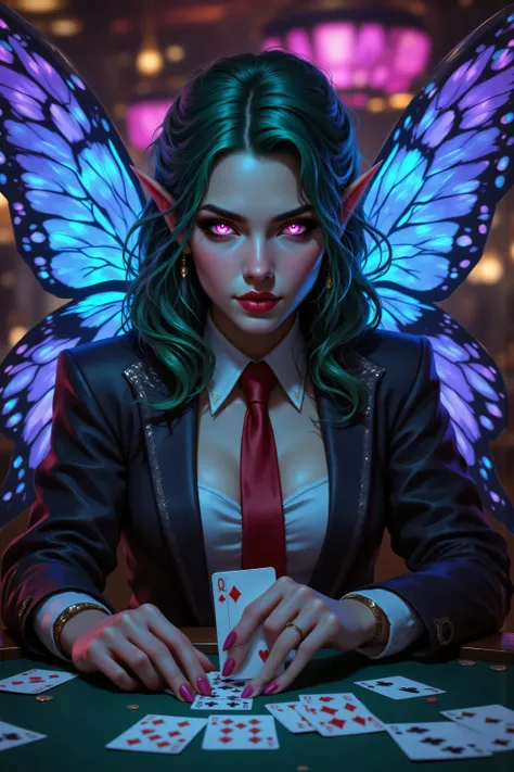 In the style of chargen_concept_art image of,OMNH,,a picture of a cyberpunk fairy, dealing Poker cards in a casino, vicious smile, an extraordinary beautiful, elegant beauty, spread butterfly wings, blue and purple wings, pink eyes, glowing eyes, best de...